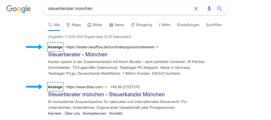 Google Ads appear at the top of the search results.
