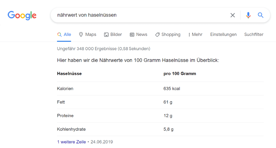 For certain search queries, an entity list is displayed