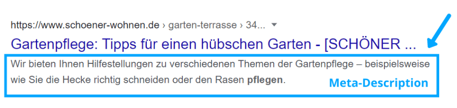 The Meta-Description is located below the title and is part of the Google Snippets.