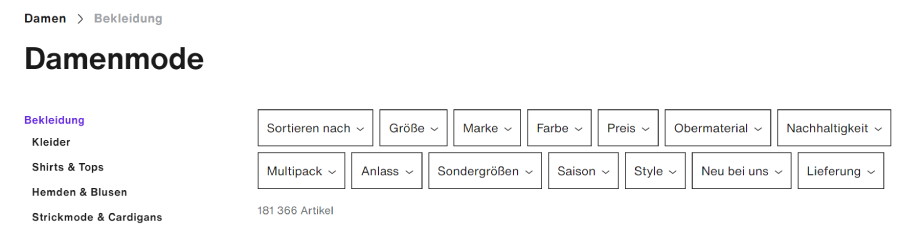 Example of product filtering