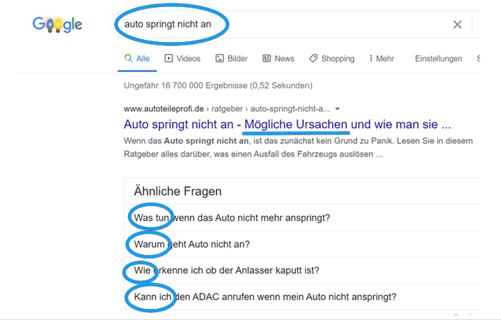 Search results example with 'car won't start'