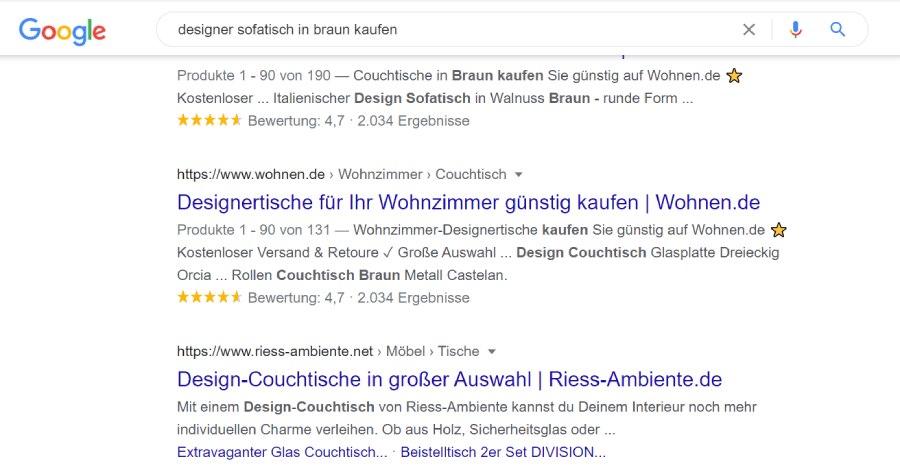 Example of Search Intent: buy designer coffee table in brown