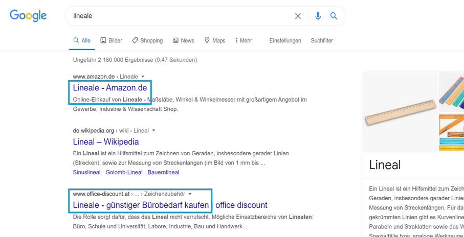 Example of search results with 'lineale'
